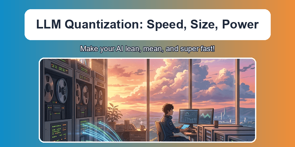 Cinematic anime illustration of a sunlit server room with towering clouds, representing LLM quantization tradeoffs